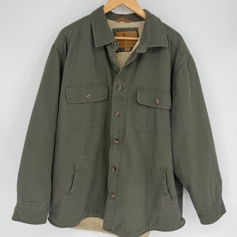 Outdoor Life Chore Coat XL Olive Green Sherpa Lined Barn Canvas Shirt Jacket